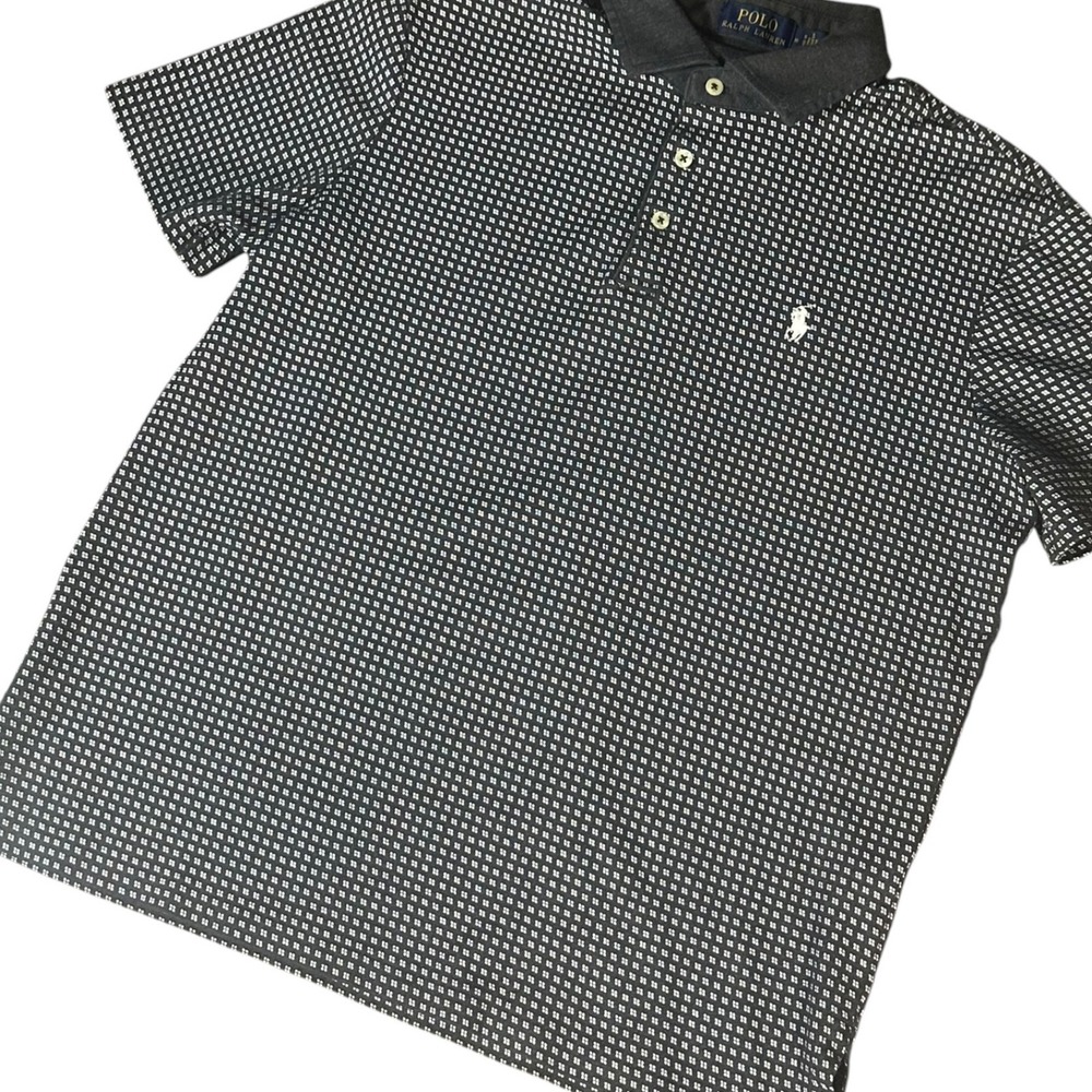 Polo Ralph Lauren Polo Shirt Mens M Black White Geometric Micro-Print Cotton
